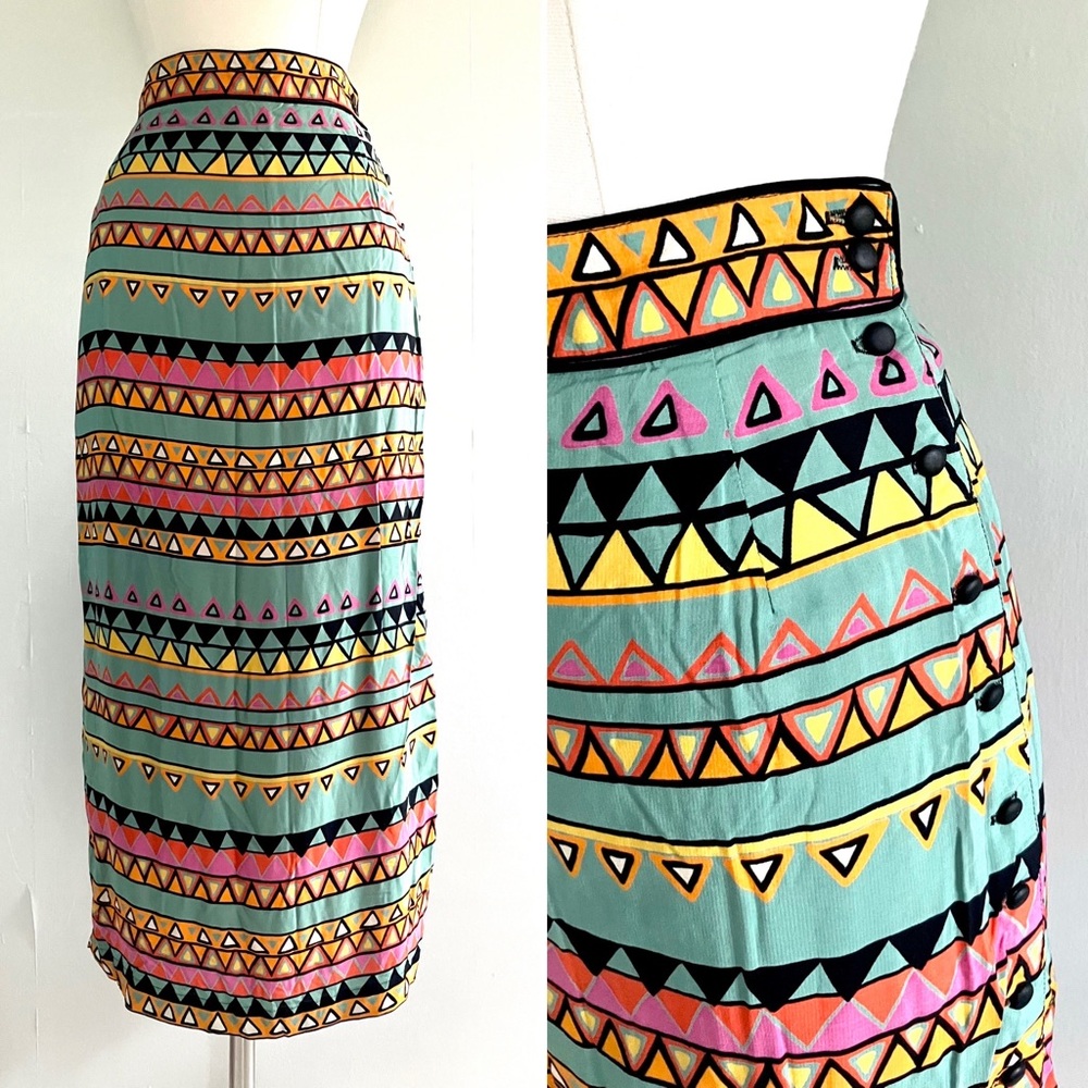 Vintage 80’s rainbow geometric southwestern rayon midi skirt